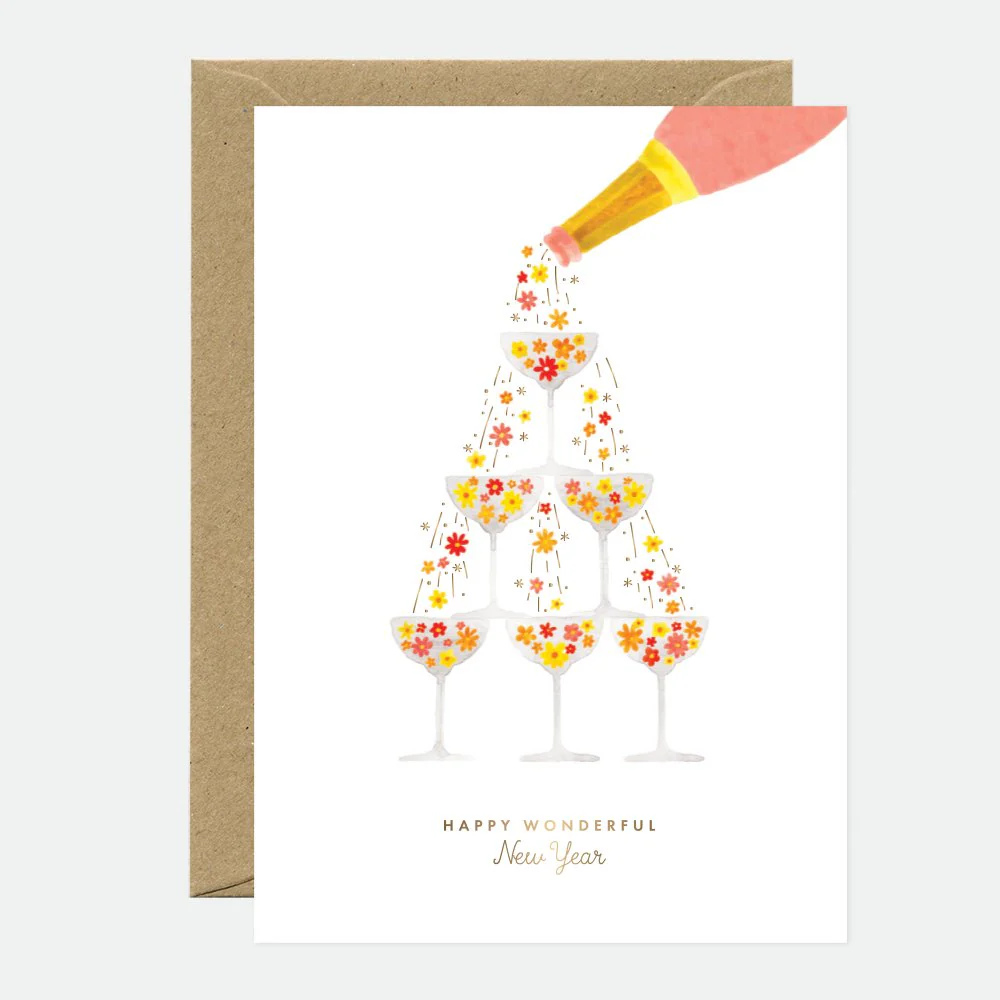 Flower champagne - New year Greeting card - Gold foil
