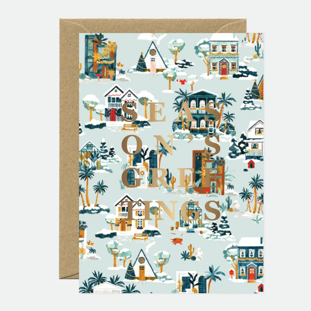 Snowy house - Christmas Greeting card - Gold foil